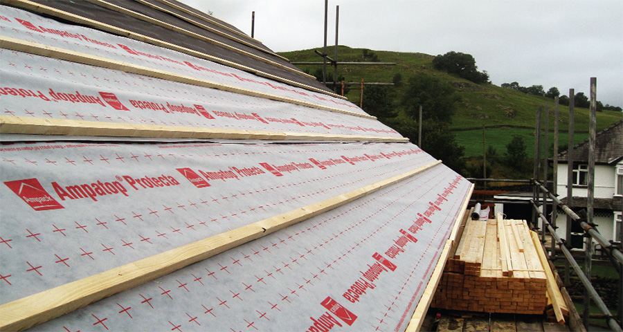 The roof features an Ampatop Protecta breather membrane outside the rafters to the timber structure
