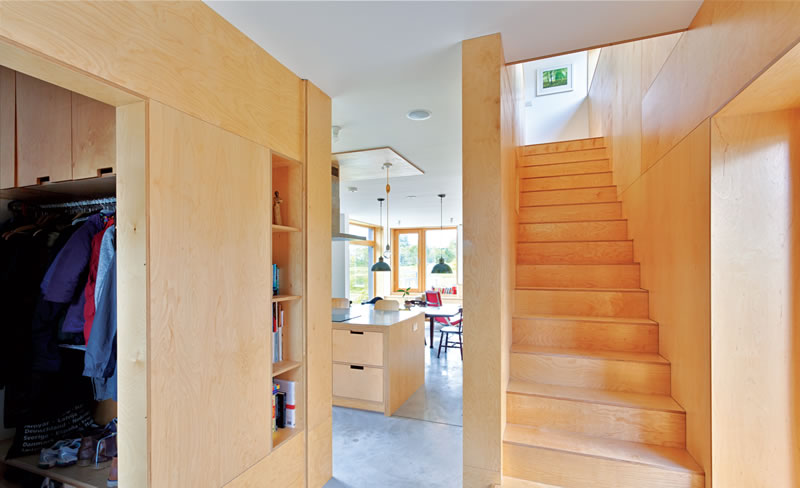 Birch plywood was used extensively in the interior for the stairs, kitchen and some walls