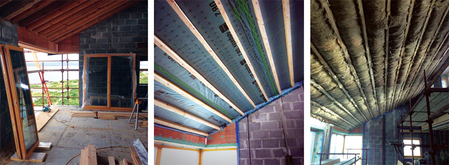 The lean to roof includes 225 timber joists, which were pumped with cellulose insulation; an Ampac Ampatop Protecta membrane & tapes; and a 100mm service cavity with Sheep Wool Insulation inside the airtight layer