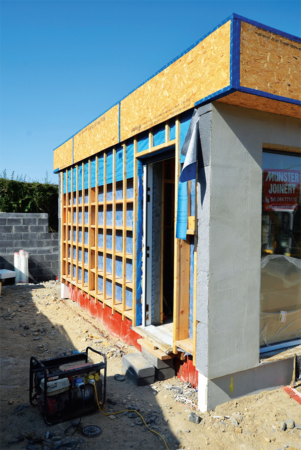 The external walls of the new cottage are concrete block insulated with 200mm of EPS with the exception of a timber clad façade that will eventually link to a two-storey extension