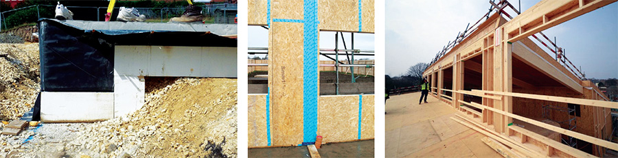 The foundation sits on 250mm of high density Jablite Jabfloor rigid EPS insulation consisting of two staggered layers; the airtight layer consists of Smartply OSB3 with careful taping at junctions and between panels; wrapped glulam ends visible through structural zone