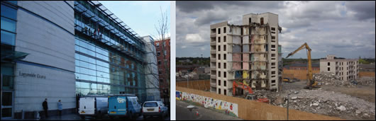 Prominent PPP projects in Ireland the Laganside courthouse (left) and the old tower blocks at St Michaels, Inchicore (right) being demolished to make way for a new development