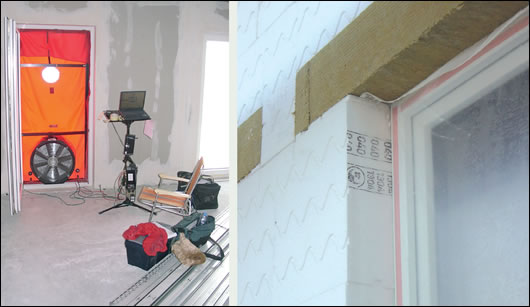 A blower door test (left) is a mandatory requirement for all certified passive houses; insulation detail (right) around a well insulated window in a passive house