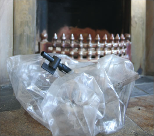 A chimney balloon, used to stop heat escaping up the chimney of the open fire 