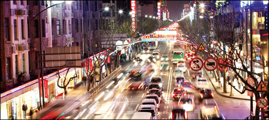 Night-time traffic in Shanghai, China, where energy demand continues to increase as the country continues to develop