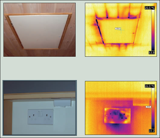 Thermal imaging tests proved revealing even in Pettersson’s house, which was built to extraordinarily high levels of energy efficiency, starkly contrasted here with ordinary photographs. Energy Matters used this exercise to identify problem areas in the building’s energy performance including the attic hatch (top), plug sockets (above), front door (below) and the area where the gable walls meet the roof. Remedial work followed which had a quantifiable effect on the home’s energy performance