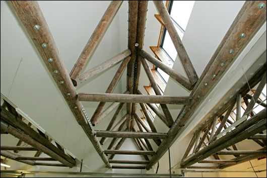 The timber trusses that span the width of the ceiling in the factory floor and storage area are made from FSC-certified Latvian timber