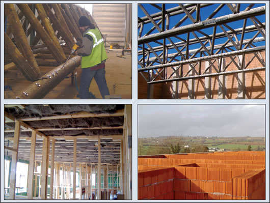(clockwise, l-r) 200mm of Sheep Wool Insulation was installed in the roof of the factory floor, with 100mm in the roof of the storage area; Vreenegoor’s own team of labourers assembled the timber trusses in a purpose-built facility behind the factory; the T12 poroton block walls, concrete pillars and timber trusses during the building's construction; 365mm T12 Poroton blocks comprise the bulk of the building's structure