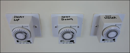 heating is divided into three zones: upstairs, downstairs and hot water, with each controlled by a simple daisy wheel. Meeley says that in his experience, people can be uncomfortable with digital heating controls