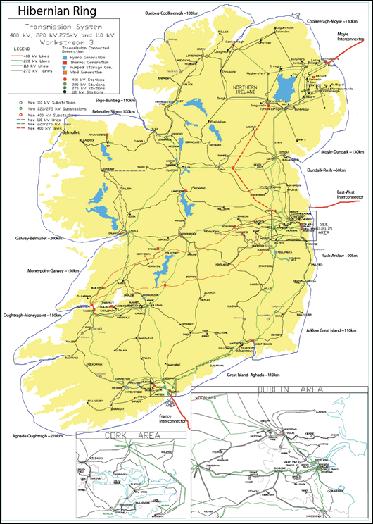 Grattan Healy’s concept, the “Hibernian Ring”, as shown by the blue line, could facilitate the carrying of power from marine sources to coastal cities