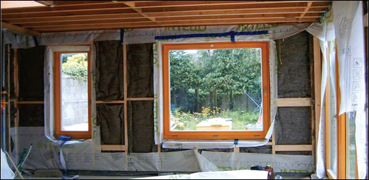 The entire house was kitted out internally with timber studs, sheep wool insulation and an Intello air tight membrane. Electrical wiring minimises penetrating the membrane as part of the air-tightness detailing