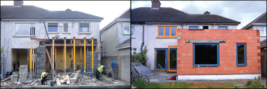 Various stages of construction; the new poroton block extension adds an extra 25 square metres to the living area and all single glazing in the house was replaced with either double or triple glazing to improve energy efficiency