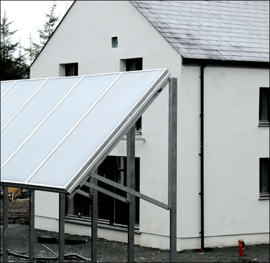 The principle contributor to space and water heating is solar energy, with 12.5 square metres of flat plate solar panels installed