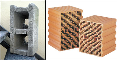 In spite of their poor performance nine inch hollow blocks have been widely used in Irish construction over the past 50 years, not to be confused with high performance poroton blocks (right), such as those supplied by FBT