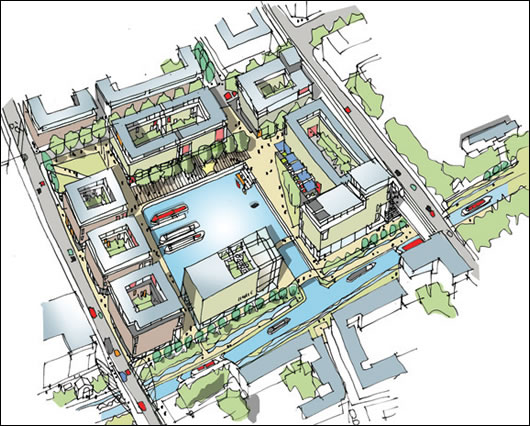 A bird’s eye view illustration of the canal basin at Clonburris, a proposed development which is infused with world-class sustainability credentials
