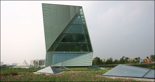 The Chinese lantern-inspired building is entirely clad with a double skin of glass