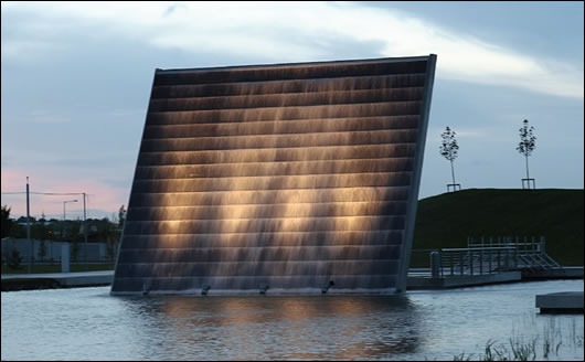 An impressive water feature is situated at one end of the lake