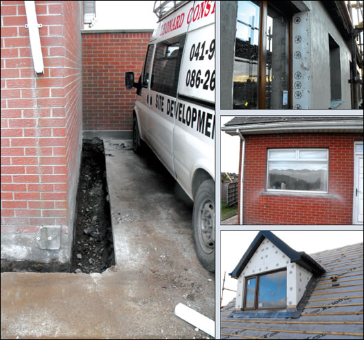 (clockwise from left) Mount Carrick dug an 80cm trench around the house to bring the external insulation down to the house’s footings; the external insulation was brought right up to the window frames; this was enabled by cutting back jambs and sills; external insulation was fitted around the new dormer windows