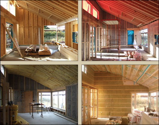 (clockwise from left) The construction of the kitchen/living/family room advances with 200mm deep timber stud work; cellulose insulation fitted between the studs; 220mm of mineral wool insulation between the rafters; and a counter battened service zone with mineral wool insulation inside the air-tight layer; (opposite) the finished room with its vaulted ceiling