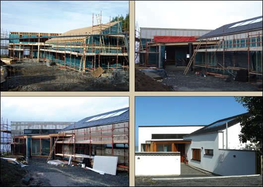(clockwise from left) The external walls of the timber frame house with 300mm deep I-joists; the roof finish including in-line solar array is added with rainscreen protection; the building is clad with the Aquapanel cement board system; and the render system is applied