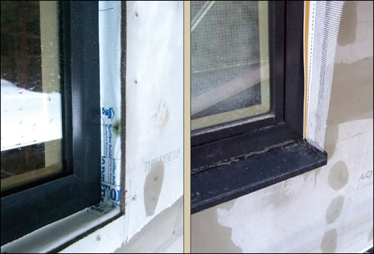 (left) Aquapanel cement fibre board is fixed over the air-tight flashing around the windows; (right) plaster mesh is bonded to the window frame