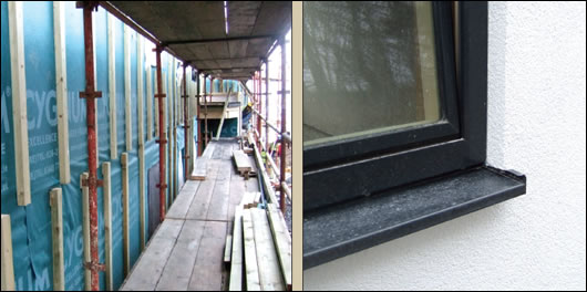 (left) Batens under the Aquapanel cement fibre board are staggered to allow air flow; (right) silicon mastic is applied to the window reveals to increase air-tightness