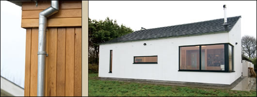 (left) Agricultural galvanised was used for external gutters and pipes instead of PVC; (right) window selection involved a compromise between reducing heat loss and enabling sea views