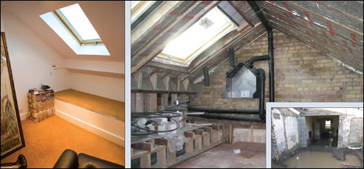 The attic space before and after – it was heavily insulated with Xtratherm Polyiso board and Rockwool and now boasts a triple-glazed Passivhaus certified rooflight too; (insert) the ground floor slab was removed and insulated