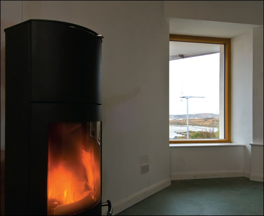 A wood burning stove is the primary heat source