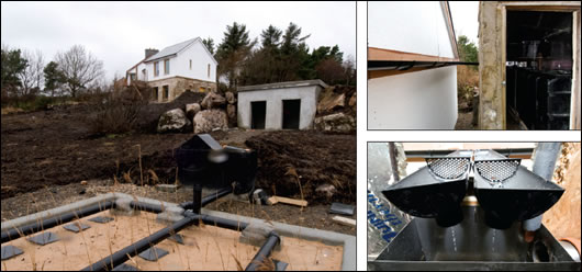 (above left) Wastewater will be treated by a reed bed system 
designed by Ollan Herr; (above right) rainwater will be collected by 
existing gutters on the old house that feed directly into the tanks in 
the adjacent shed