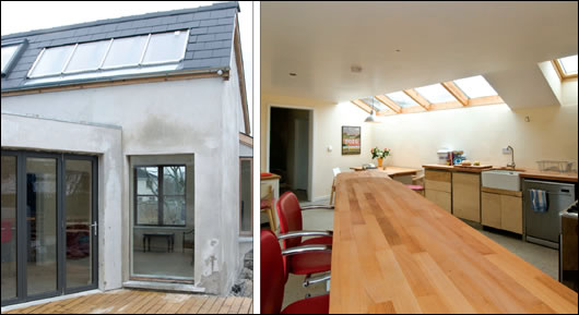 (above left) some of the second external coat of hydrated lime applied in January cracked in the frosty conditions; roof-lights were installed throughout the new extension and the interior (above right) is now getting much more natural light