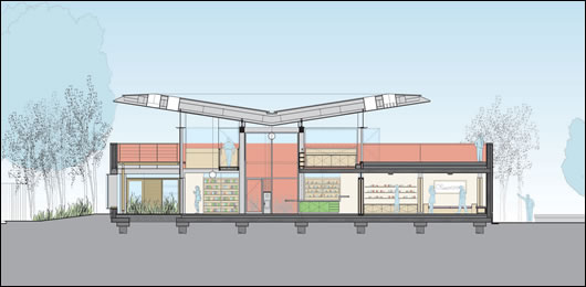 The floating roof uses unglazed rooflights to shelter external spaces and obscure views of the adjacent hospital