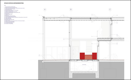 a section of the entrance/reception reveals the plant chamber containing the ground-coupled earth pipes