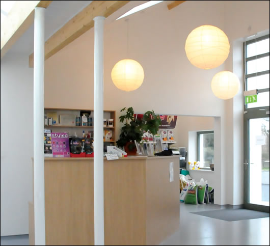 The reception area of the veterinary clinic building