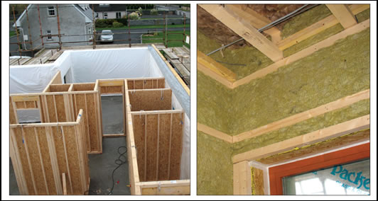 the closed panel timber frame house starts to take shape; the walls include a 50mm Rockwool filled service cavity inside the airtight layer – Siga tapes fixed to OSB, visible here at the window reveal