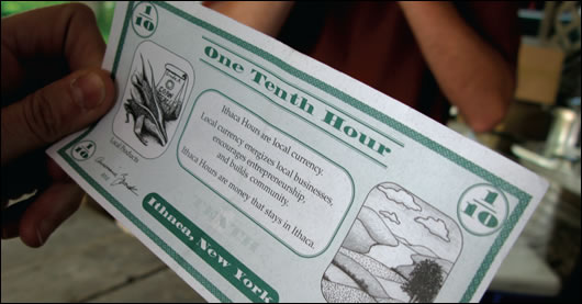 the Ithaca Hour, a paper note local currency in circulation in Ithaca, New York state, since 1991