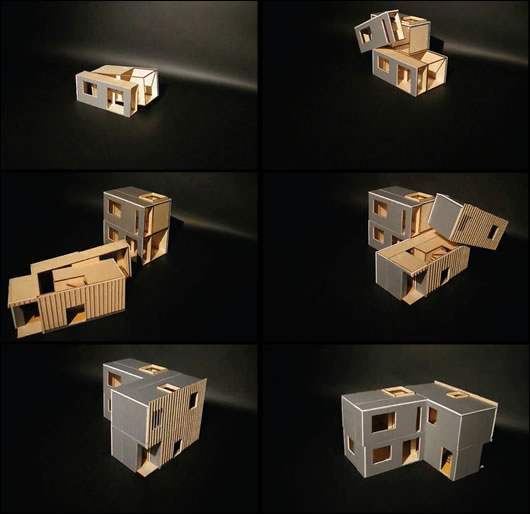 a sequence of renderings showing the various modules of the house coming together