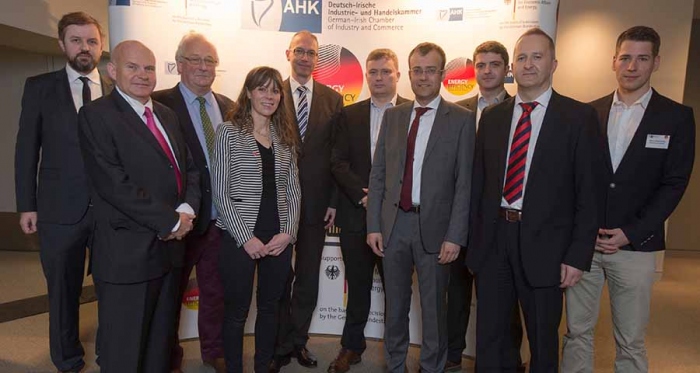Pictured at the showcase are (l-r) Passive House Plus editor Jeff Colley; German Irish Chamber of Industry &amp; Commerce CEO Ralf Lissek; Ecological Building Systems&#039; Peter Smith; German Irish Chamber head of marketing Aideen Keenan;  German Federal Ministry of Economic Affairs and Energy&#039;sReinhard Giese; Kinviro director Frank Daly; Frenger Systeme BV&#039;s Dr Klaus Menge; Senertec&#039;s Markus Mueltner; Origen&#039;s business development manager Kevin Devine; and the Passive House Institute&#039;s Adrian  Muskatewitz