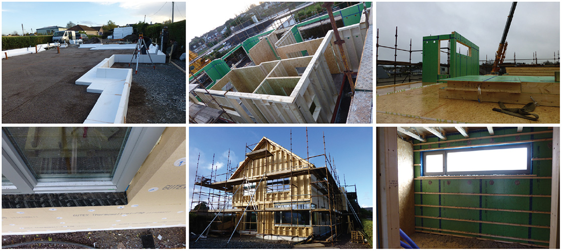 (clockwise from top left) the Kingspan Aerobord insulated foundation practically eliminates the critical wall-to-floor cold bridge; (next 3 images) the house is one of the first in Ireland to feature VapAirTight, the new airtight OSB from Smartply, which helped the project achieve world-beating airtightness — the green UV polymer coating provides the vapour tightness; the factory-built timber frame and windows were in place in just a few weeks; the external walls also feature Gutex Thermowall insulation