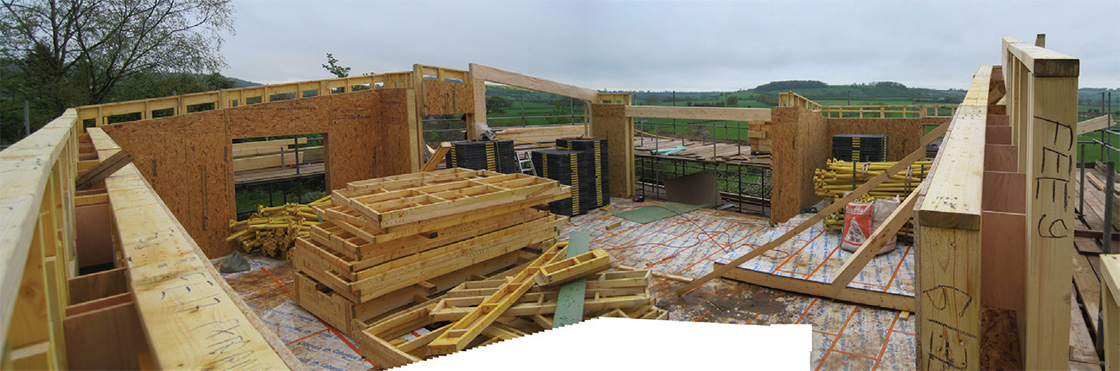 The house is twin timber frame construction, the inner frame bears the load and the outer frame provides thermal separation. Warmcel insulation was then blown into the timber frame cavity