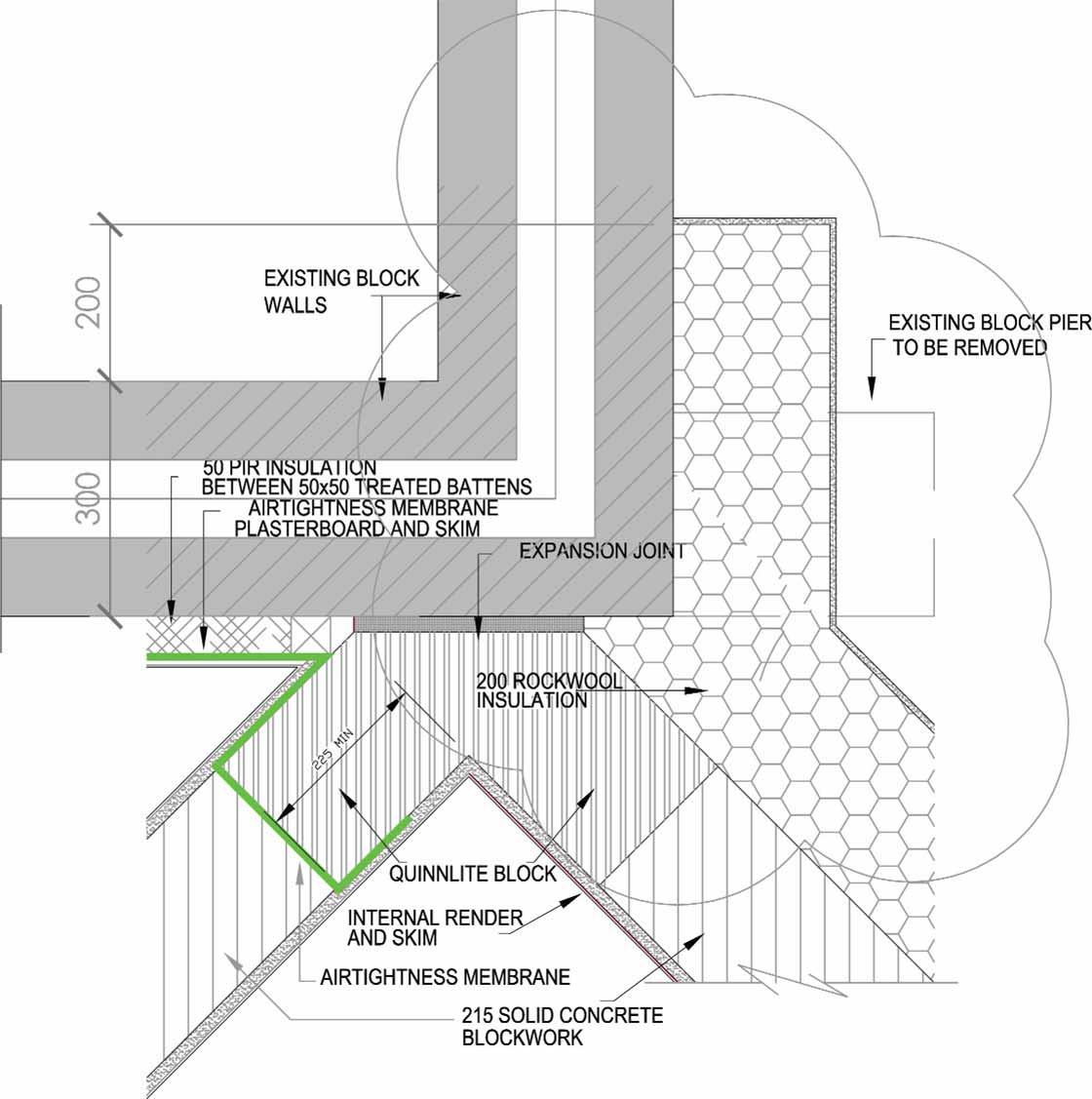 Details of the new build connection to existing cavity wall with external insulation overlapping to prevent cold bridging