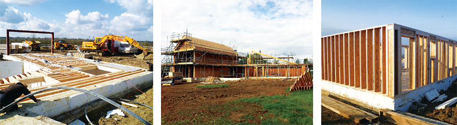 (l-r) the Viking House passive slab foundation system virtually eliminates the critical wall to floor cold bridge; two different stages showing the erection of the timber frame on top of the insulated slab