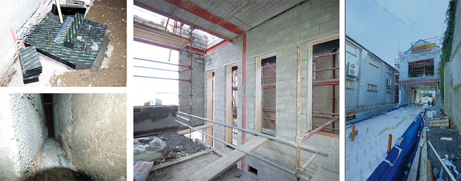 Ire(clockwise from bottom left) a look inside the extra wide 250mm wall cavities prior to insulation; Foamglas Perinsul structural insulation on a pile cap; insulated cavity closers provide an efficient solution to closing the cavity at window and door reveals; the ground floor features 150mm of Xtratherm PIR insulation board under the slab;lands first passive house pharmacy 05