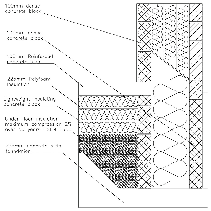 A cross sectional drawing of the foundations and ground floor