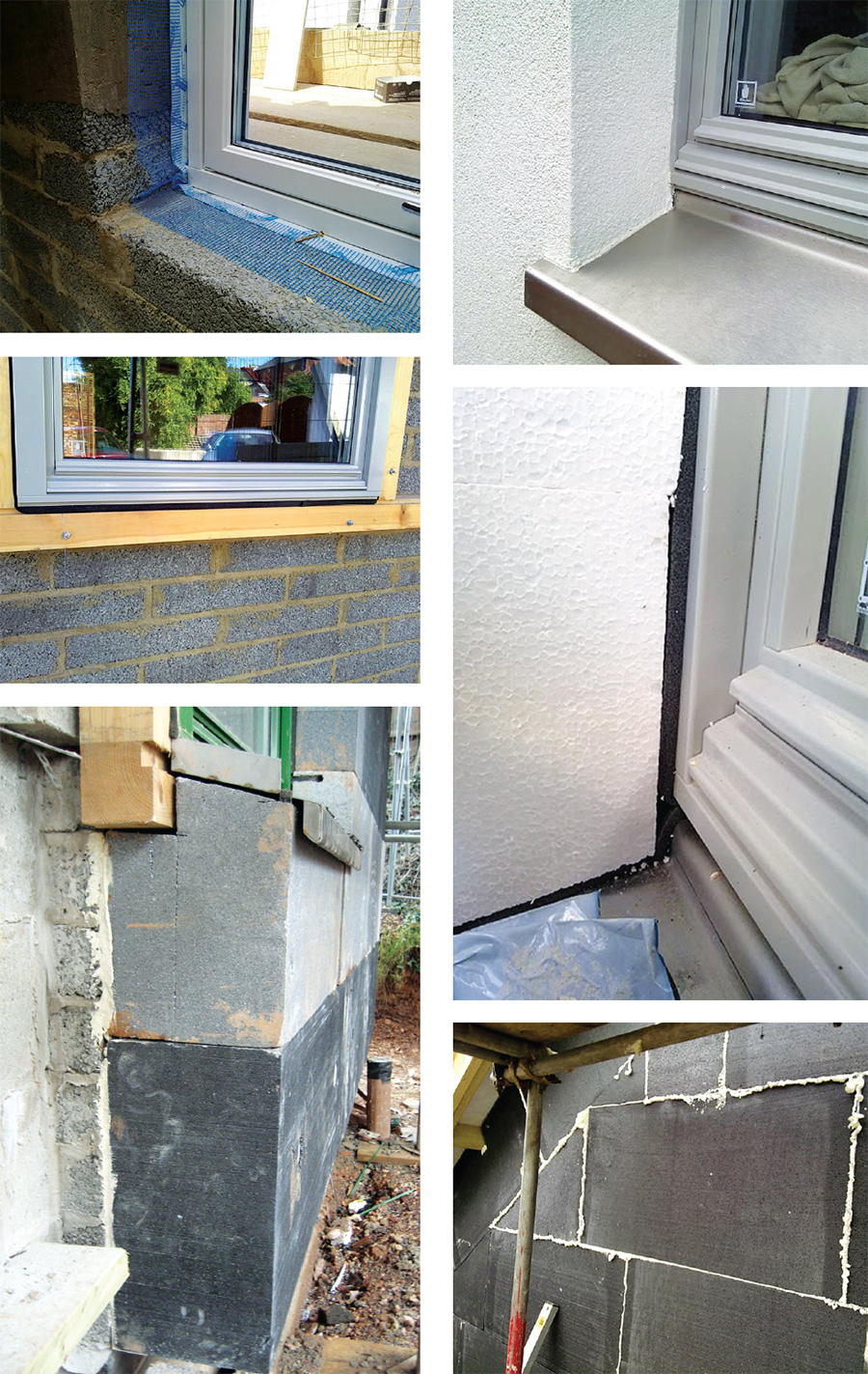 (anticlockwise from top) Window airtightness detailing; the window sub-frame; walls are externally insulated with 250mm Neopor EPS; with gaps filled in; EPS insulation at window reveal; finished window detail