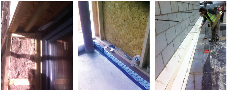 (left to right) Knauf Rafterroll insulation packed between the TGI joists, forming the outer skin of the first floor walls; airtightness detailing at the wall-tofloor junction; construction of the retaining wall, which features an inner leaf of concrete block followed outside 100m of Jablite insulation and then fully tanked concrete retaining wall externally