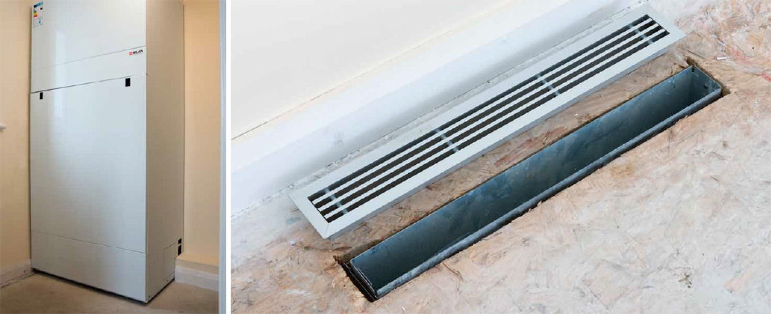 The Nilan Compact P combines an exhaust air heat pump and heat recovery unit to provide heating, cooling, ventilation and hot water; rooms are heated through vents in the floor