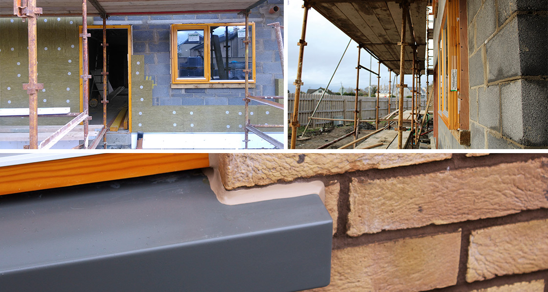(Clockwise from left) Rockwool’s REDArt Silicone external insulation system being fitted to the concrete block walls; installation of the windows flush with the external insulation layer; the exterior walls are clad with the BrickShield system to create a real brick finish.