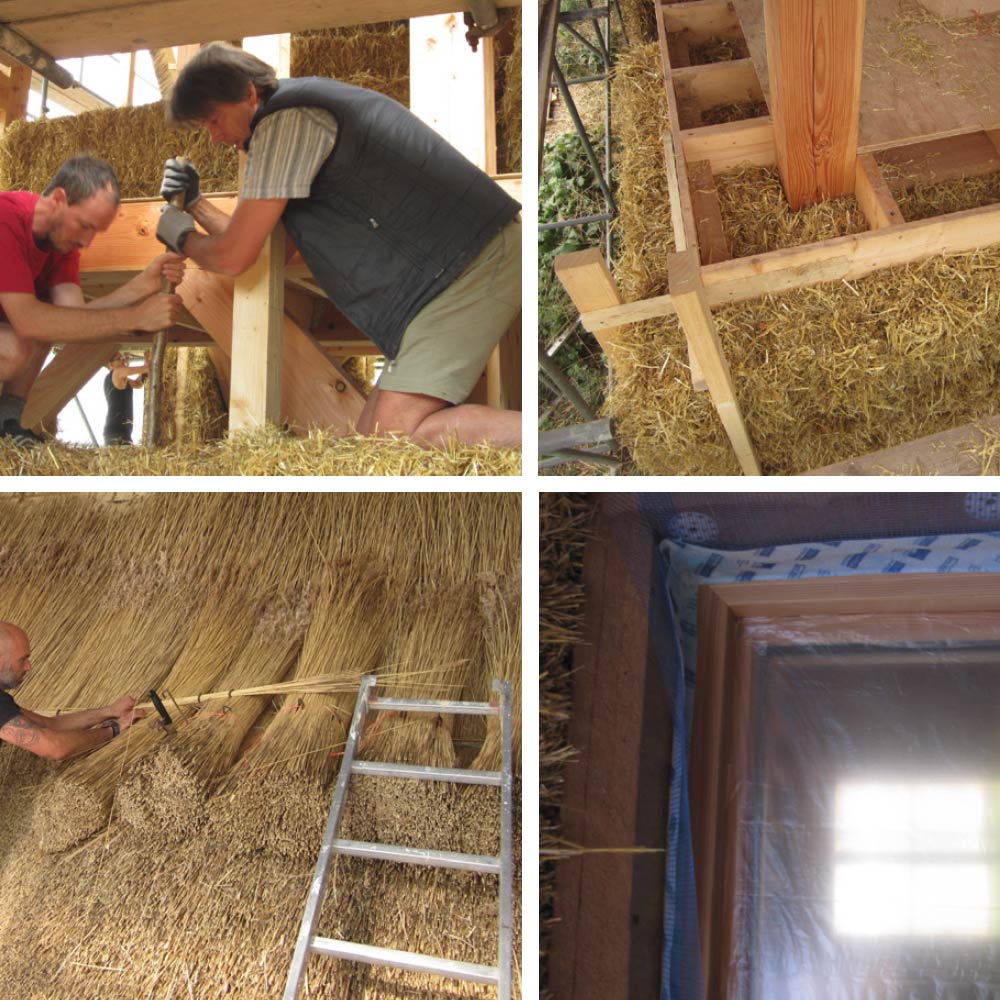 (Clockwise from top left) hazel pins in the straw-bale walls; infill bales around the timber frame structure at first floor level; thatching of the roof by Norfolk Thatchers, who used local reed thatch; Isolair woodfibre insulation and airtightness detailing around windows prior to rendering.