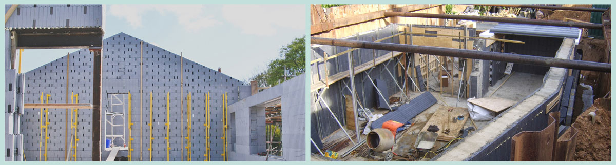 Insulating concrete formwork involves a structural shell of insulation, usually polystyrene, into which concrete is then poured. Seen here are systems from Econekt (left) and Integraspec (right) under construction.